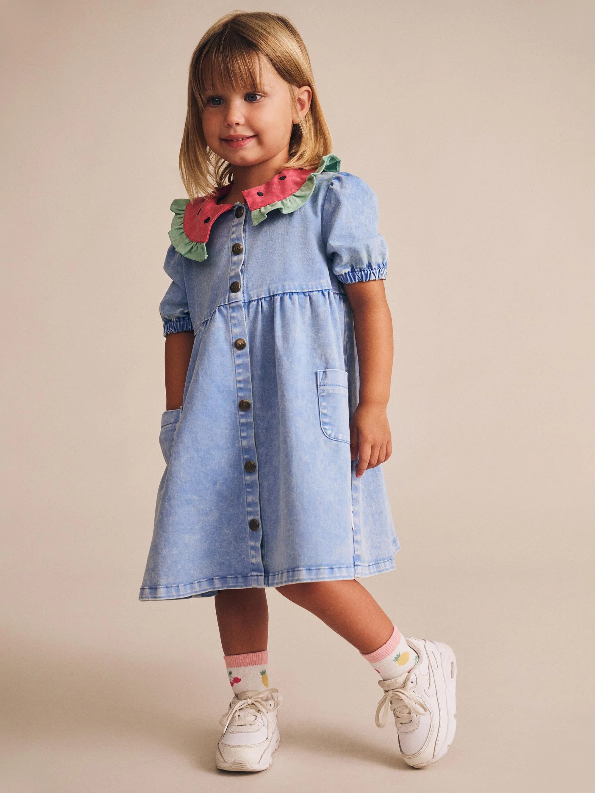 Watermelon Denim Puff Dress - Image 5